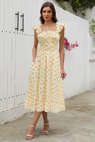 Image of Women's 2026 Spring Summer Floral Midi Dresses Square Neck Smocked Waist Beach Wedding Guest Long Flowy A Line Sundress