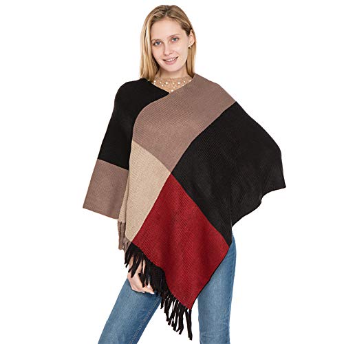 BEUHOME Poncho de Mujer para Invierno Entretiempo Cárdigan de Punto Capa de Tamaño Grande Elegante Calentito Multicolor Capa con Capucha