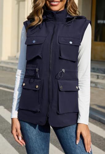 PESION Womens Packable Military Utility Vests Outerwear Waterproof Windbreaker Jacket Cargo Vest with Removable Hood3