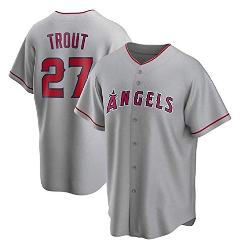 XinYunLD Ángeles # 27 Jersey de béisbol de la Trucha de los Hombres, Uniforme de béisbol Manga Corta del Equipo del Juego del botón Uniforme Fan Top con Capucha (Color : Gray, Size : Medium)