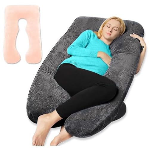 ELKSTER Pregnancy Pillow U Shaped Full Body Pillow with Velvet Cover Grey Maternity Pillow for Pregnant Women (1 Extra Pink Color Cover)