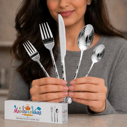 Image of Floral Silver 20 Pcs Stainless Steel Cutlery Set for Dining Table, Dishwasher Safe Glossy Flatware (4 Spoon Set+4 Forks Set+4 Butter Knife+4 Dessert Spoon+ 4 FruitFork)