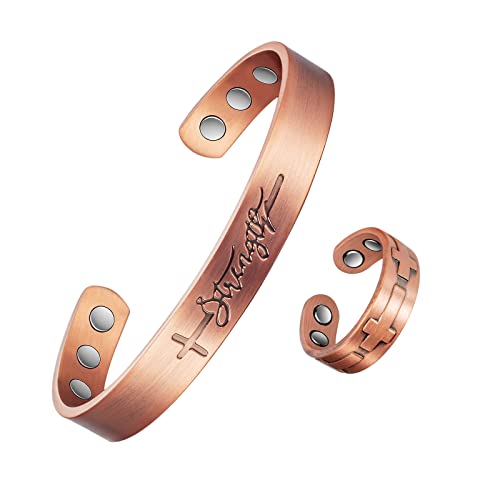 EnerCoppeX Bijoux Jésus Christ en bronze, signification du motif (force), bracelet portant 6 anneaux magnétiques, Cuivre Cover