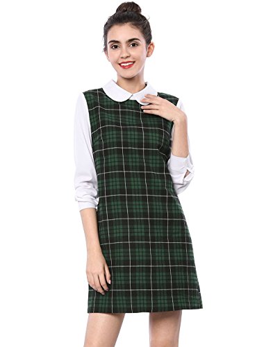 Allegra K Women's Contrast Peter Pan Collar Long Sleeve Shift Plaid Dress Green L (US 14)