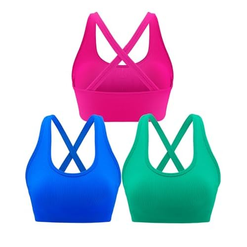 RUNNING GIRL Sports Bra for Women High Support, Criss-Cross Back Padded Strappy Sports Bras Yoga Bra with Removable Cups Small 3-blue+pink+green
