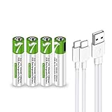 USB AAA Lithium Ionen Aufladbare Akkus 1,5V 550mWh wiederaufladbare batterien AAA Akku, 1 Stunden Schnellladung, 1200 Zyklen mit Typ C Ladekabel, Überladeschutz, 4 Stück
