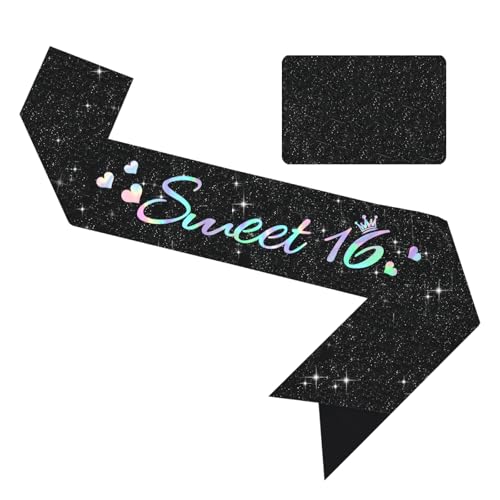 Vuzvuv Glitter Black Sweet 16 Sash with Iridescent Fonts Happy 16th Birthday Decoration Sixteen Birthady Party Supply for Girls