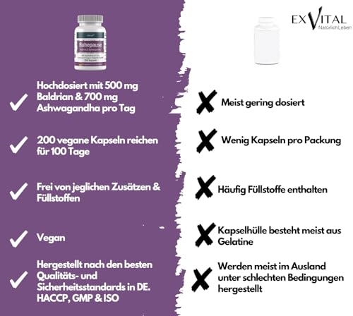 EXVital Ruhepause, mit Baldrian & Ashwagandha, Hochdosiert mit 500 mg Baldrian pro Tagesdosis, 200 vegane Kapseln reichen für 100 Tage! Frei von Zusätzen & in Deutschland hergestellt