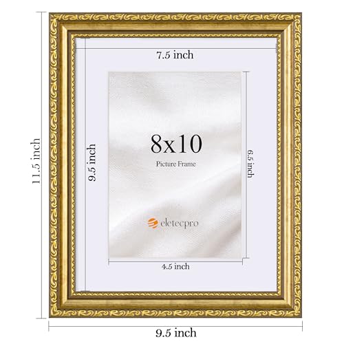 Image of eletecpro 8x10 Vintage Picture Frame, Glass Cover, Gold, 2-Pack | Display Photo 5x7 with Mat or 8x10 without, Horizontal or Vertical, Tabletop or Wall Decor