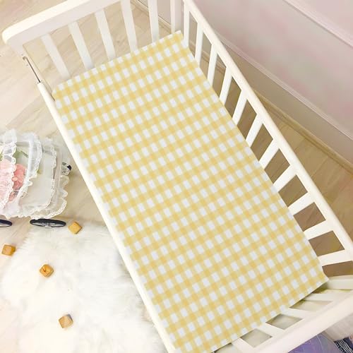 Image of Yellow Gingham Crib Sheets for Boys and Girls, Fitted Baby Crib Sheets Soft and Breathable Mini Crib Sheets 39 X 27 Inches