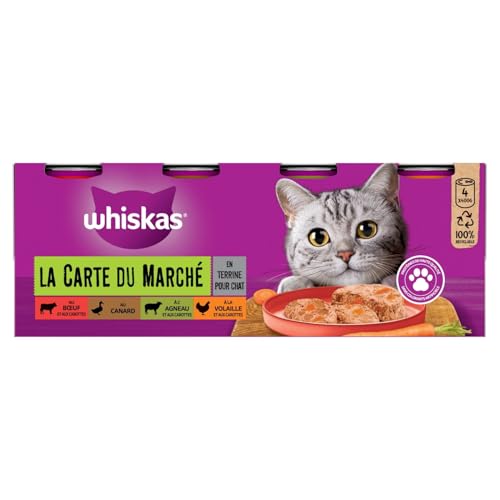 Pâtée pour Chat Adulte en Terrine Volaille Canard Boeuf Agneau La Carte du Monde WHISKAS - Les 4 boîtes de Conserve Lot De 3 - par Lot