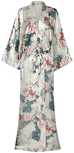 Image of goodmansam Women's Long Floral Satin Kimono Robes Bridal Dressing Gown Wedding Bridesmaid Nightgown