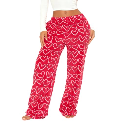 Image of Valentine's Day Flannel Pants Women's Romantic Heart Print Elastic Drawstring Waistband Wide Leg Loose Fit Trousers