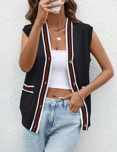 LOMON Sweater Vest Women 2025 Cap Sleeve Striped V Neck Tank Tops Trendy Summer Button Down Knit Cardigan Top with Pockets3