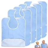 5 Pcs Adult Bibs, Waterproof Reusable Bib, Bib with Crumb Catcher for Women Men, Adult Bibs for Elderly Washable, Blue Adjustable Clothing Feeding Protectors for Elderly, Senior, Disabled, Convalescen