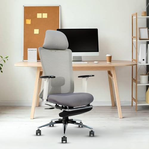 Image of CELLBELL Ergoglide FT Ergonomic Mesh Office Chair with Footrest Fixed Headrest Lumbar Armrests Synchro Tilt 3 Lock Class 3 Hydraulic Chrome Base 60mm Wheels High Back Work Chair (White)