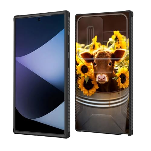 wiaekosef for Galaxy S26 Ultra Case Built in Slide Camera Lens Cover,Heavy Duty Shockproof Protection Dual Layer Case for Samsung Galaxy S26 Ultra 6.9" 2026,Cow with Sunflowers