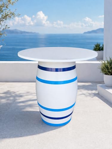 Agorà Botti Barril - Mesa de 100 cm, barnizada en blanco con círculos azules, altura 85 cm, diámetro 80 cm
