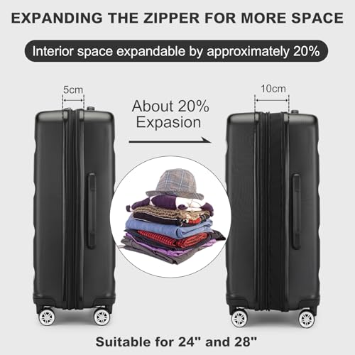Kono 3-Piece Luggage Sets | Expandable Hard Shell PC+ABS Suitcase with TSA Lock | Lightweight & Sturdy Travel Suitcases with 4 Spinner Wheels (20", 24", 28") - Black - Image 6