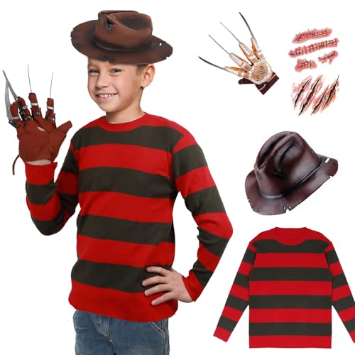 Xinxiaomeng Nightmare Killer Costume Kids Striped Sweater Krueger Hat Glove Scar Stickers Halloween Costume 3-14 Years