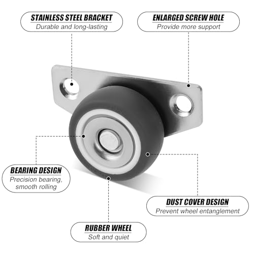 Set of 4 Side Mount Casters, 1.25 Inch Small Rubber L Shaped Plate Caster 140lbs Load Low Profile Mini Ball Bearing Non Swivel No Noise Caster Wheels with Screw for Home Office Furniture Appliance