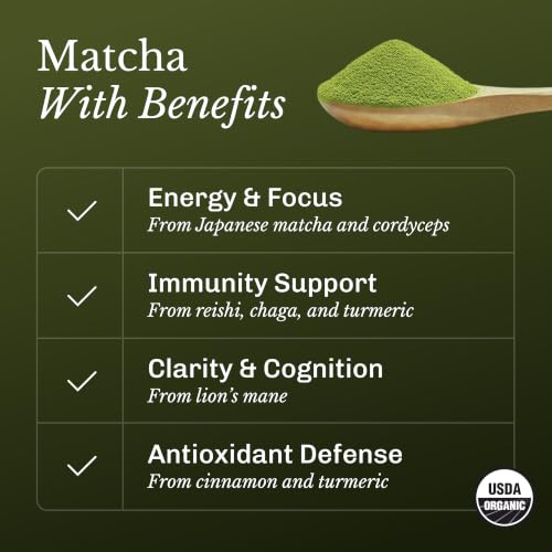 Image of MUDWTR Mushroom Matcha Powder | 3,000mg of Adaptogenic Mushrooms | Japanese Matcha Powder Blend | USDA Organic | Energy, Focus & Immunity Support | Lion's Mane, Chaga, Reishi, Cordyceps | 30 Servings