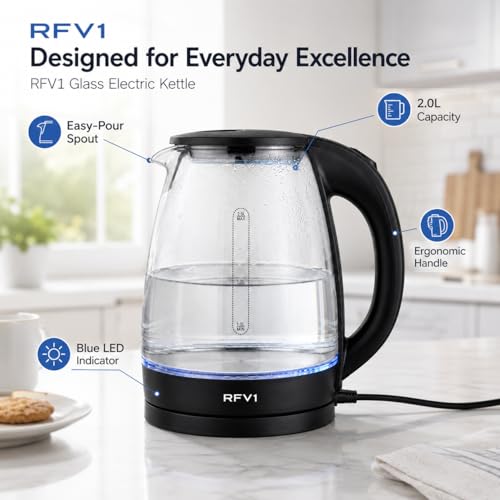 Image of Glass Electric Kettle 2L | Transparent Borosilicate Glass Body with Blue LED Light, Stainless Steel Heating Plate, 360 Swivel Base, Fast Boil Water Kettle for Tea, Coffee & Instant Beverages