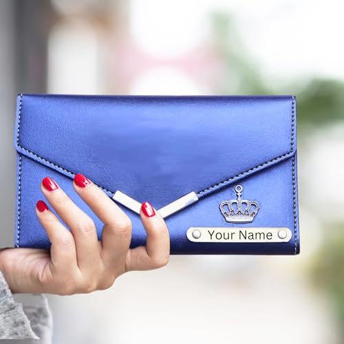 Image of Personalized Leather Clutch for Women | Custom Name & Charm | 3-Fold Ladies Wallet | Stylish Purse Gift for Girlfriend, Wife, Mother & Sister | Multi-Compartment Wallet (Blue)
