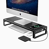 Vaydeer USB3.0 Wireless Charging Aluminum Monitor Stand Riser Support Transfer Data and Charging,Keyboard and Mouse Storage Desk Organizer up to 27inch for Computer MacBook PC (Black）