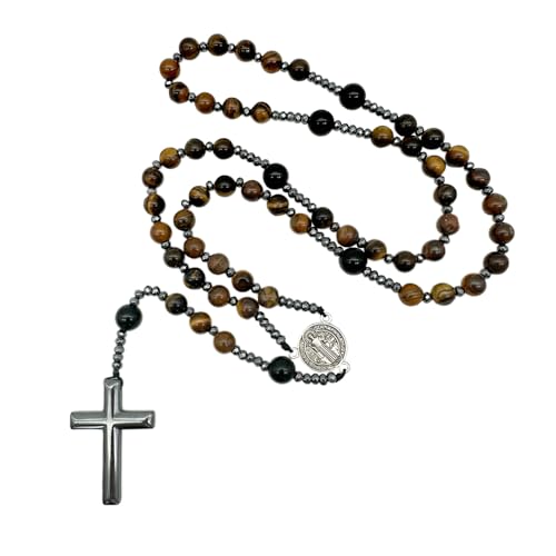 Bovemee San Benito Medalla Catholic Rosaries Rosary Cross Necklace For Men, Nature Stone Rosary Beads Christian Prayer For Catholic Gift