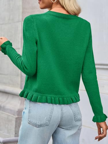 Image of Saodimallsu Womens Ruffle Cardigan Sweaters Button Up Crew Neck Long Sleeve Cropped Sweater Cute Soft Knit Tops