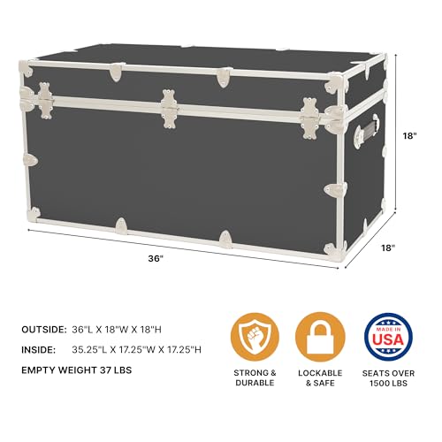 Image of Rhino Trunk & Case Classic XXL Home Storage & College Trunk With Wheels - 36 inchx18 inchx18 inch, Seats 1500+ lbs, Soft-Close Lid. USA Made Secure Dorm Furniture, Organization, Steamer Style Blanket Chest