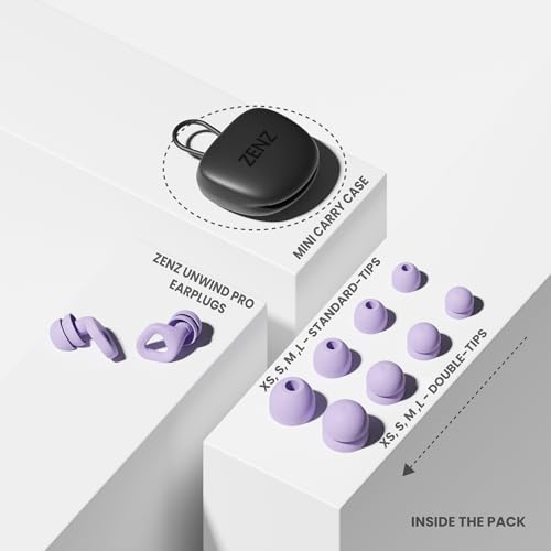 Image of Zenz Unwind Pro Ear Plugs for Sleeping, Soft Silicone Reusable Earplugs for Snoring, Yoga, Reading & Travel, 35dB Noise Reduction, 4 Sizes XS /S /M /L, Secure Fit with Case (Nebula Purple, One Size)