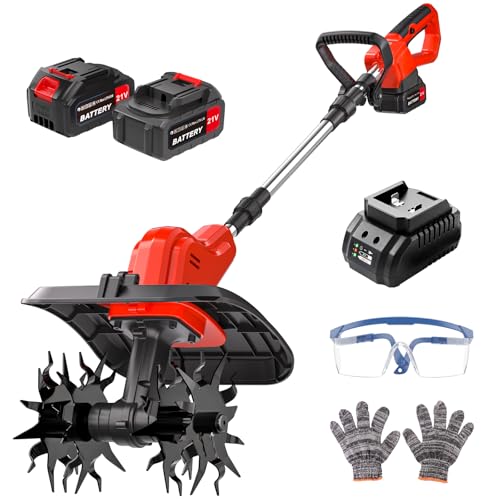 POGGT Cordless Tiller for Gardening, 120Mins Runtime Rototiller, 11.8" Width 6.6" Depth Garden Tiller with 2x4.0Ah Batteries, 360RPM Electric Cultivator for Lawn/Soil/Cultivation/Garden