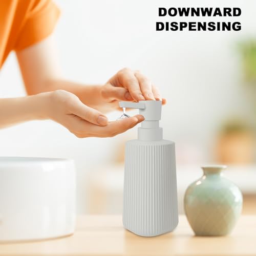Image of 2 Pack Glass Small Soap Dispenser for Bathroom and Kitchen 250ml /8.5oz Dish Soap Dispenser Modern Farmhouse Striped Style Hand Soap Dish Soap Dispenser with Pump (Beige)