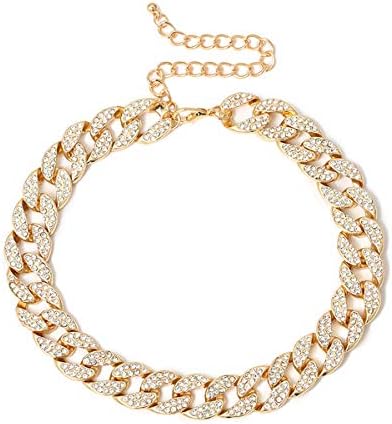 Ingemark Shiny CZ Rhinestone Curb Cuban Link Chain Choker for Women Unisex Cool Hip Hop Miami Cuban Diamond-Cut Chain Choker Necklace (Style 1 Golden)