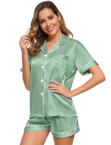Image of SWOMOG Womens Silk Satin Pajamas Set Short Sleeve Sleepwear Button Down Top and Shorts Loungewear 2 Piece Pjs Set XS-3XL