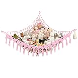 Picture of Abby Baby Extra Large Stuffed Animal Storage Hammock Corner with LED Lights – 25LB Capacity Hanging Toy Net for Small or Large Plushies, Boho Macrame Squishmallow, Plush Net, Pink