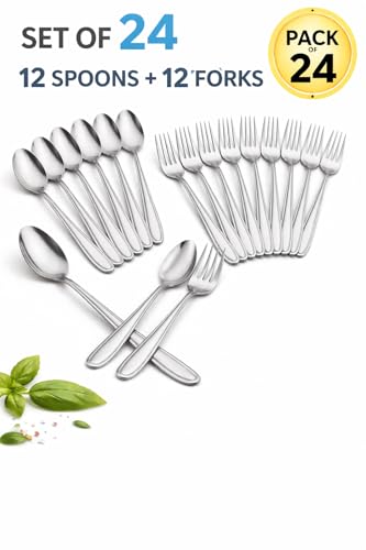 Image of Stainless Steel Table Spoons 16 cm | Mirror Finish | Rust-Resistant | Lightweight Daily Use Dinner Spoons | Dishwasher Safe | Cutlery Set for Home & Kitchen | Catering | Resturants (24 (Spoon+Fork))