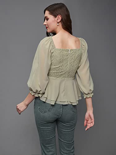 Image of Miss Chase Women's Round Neck Half Sleeves Cotton Lace and Pearl Detailing