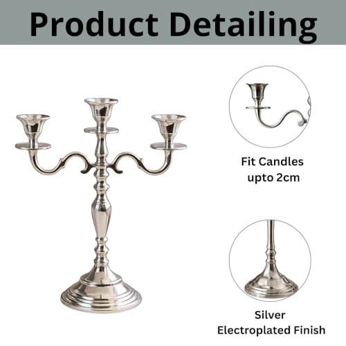 Image of 3 Arm Silver Candlestick Holder Stand | 12 Inch Metal Candelabra Candle Stand for Dining Table, Living Room, Wedding & Home Decor