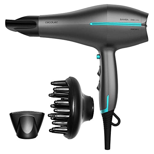 Cecotec Secador de Pelo Iónico Bamba IoniCare 5300 Maxi Aura Black. 2200 W, Motor AC, Función de Aire frío, Cable 1.8 m, Incluye Difusor y Concentrador, Negro