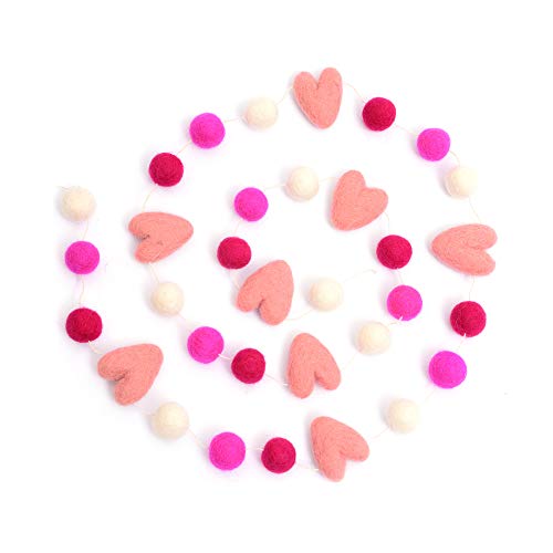 Glaciart One Pom Pom Garland - Wool Felt Ball Garland - 9 Feet, 25 Balls, 8 Hearts, 4 Valentines Colors, Nursery Decor, Bunting, Birthday Party Decorations, Carnival, Photo Prop