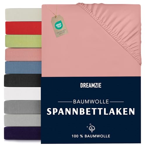 Dreamzie - Spannbettlaken 90x190/200cm - Baumwolle Oeko Tex Zertifiziert - Rosa - 100% Jersey Spannbetttuch 90x190/200