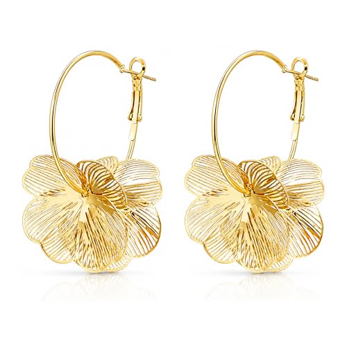 Gold Flower Hoop Earrings for Women Floral Statement Earrings Trendy Petal Drop Earring Jewelry...