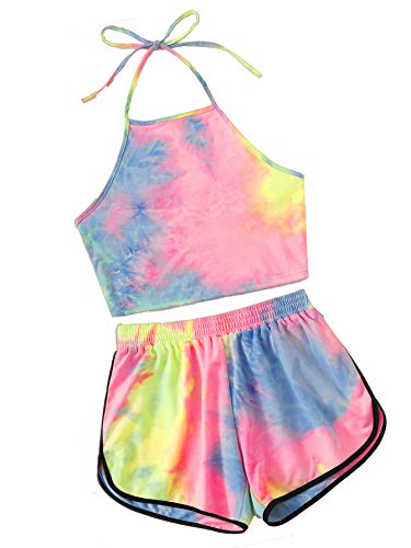 SweatyRocks Women's Casual 2 Piece Set Tie Dye Halter Crop Top and Shorts Set Pink Blue L