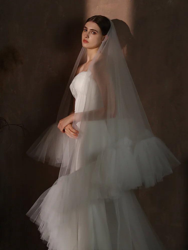 ruthyuexin Two Layer Wedding Veil Ruffled Edge Tulle Bridal Veil With Comb Fluffy Bride Veils Cover Face Veil