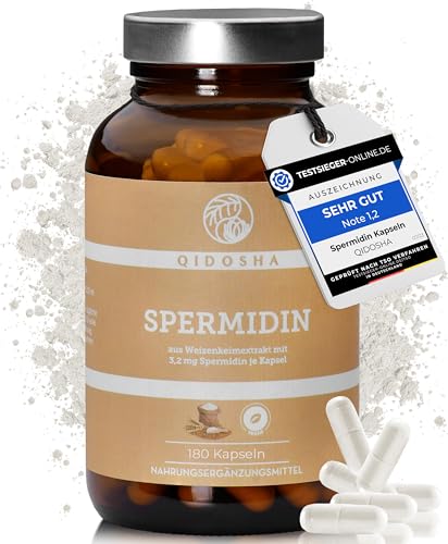 QIDOSHA Spermidin aus Weizenkeimextrakt 180 Kapseln im Apothekerglas 660 mg/Kapsel davon 1 6 mg Spermidin 100% pflanzliche Spermidin-Quelle vegan