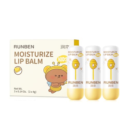 RUNBEN 3 Pack Kids Lip Balm Set Moisturize Baby Lip Balm Toddler Chapped Lips, 24H Deep Moisturizing, Non-toxic & Safe Lips Care