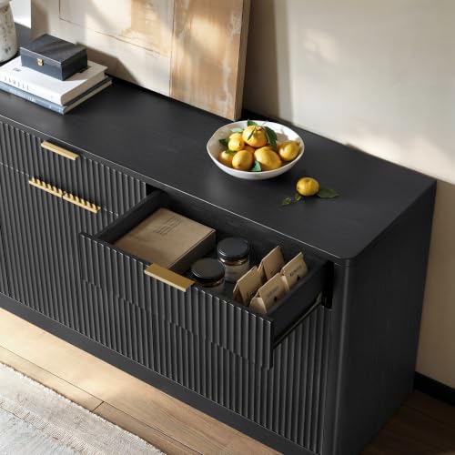 Image of Evermagin 67 inch Fluted Black Sideboard Buffet Cabinet with 3 Drawers | Modern credenza and console cabinet with storage for kitchen, living room, entryway or coffee bar, 67 inchW x 31.5 inchH x 15.7 inchD
